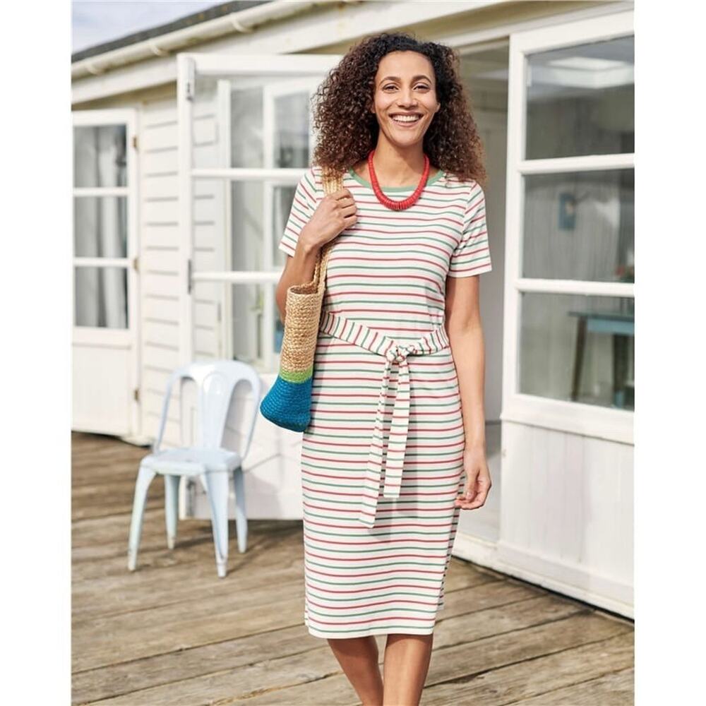 Woolovers Casual Stripe Belted Jersey Dress Organic Cotton Minimalist Sz Medium